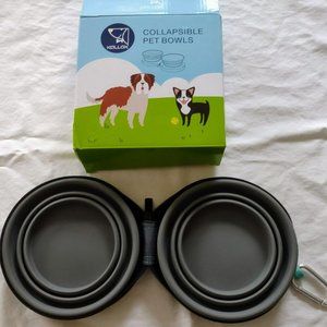 Kallak collapsible twin pet bowls for travel. Grey interior, aqua blue exterior